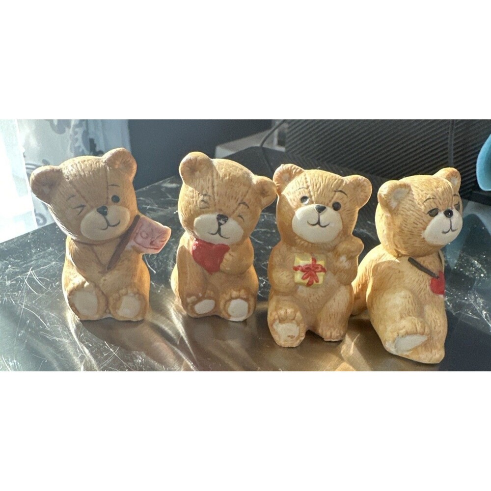 Lot of 4 Ceramic Bisque  painted Bears. VINTAGE Korea Sleeping Winking Brown